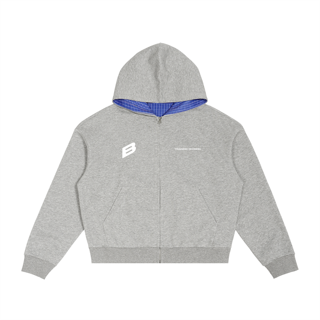 Contrast Plaid Boxy Zip Hoodie