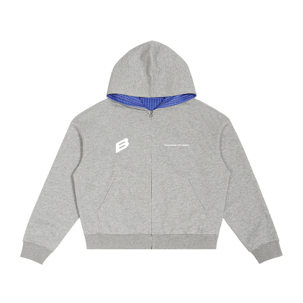 Contrast Plaid Boxy Zip Hoodie